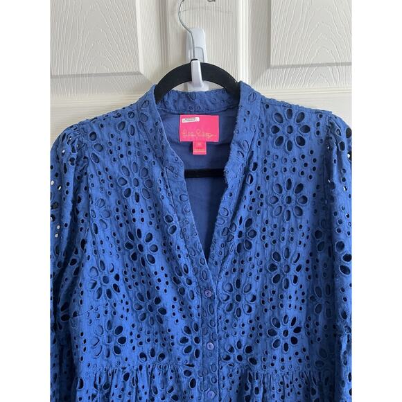 LILLY PULITZER Navy Oyster Bay Hazelanne Eyelet Sunflower Button Front Dress 16 - Picture 6 of 14